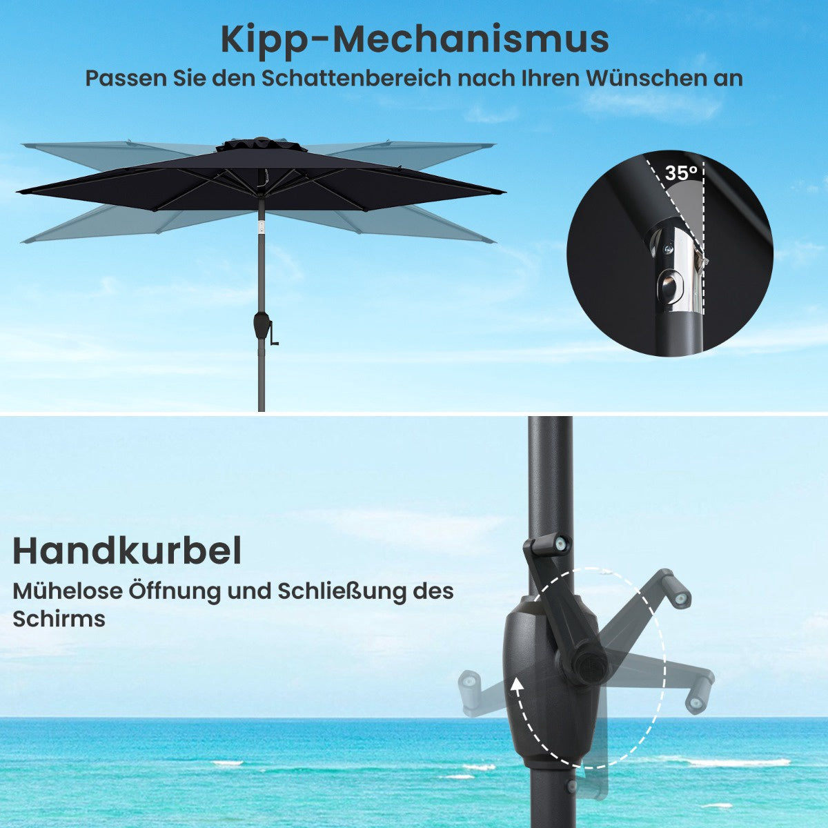 Patio Umbrella, 230 cm, Black, Crank & Tilt Function