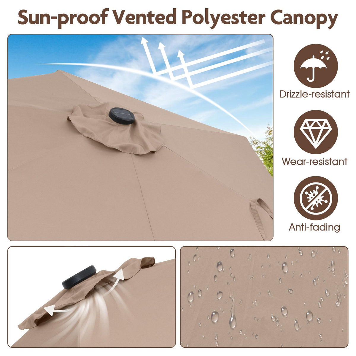 Patio Umbrella 230 cm, Solar LED, Crank Tilt, Light Brown