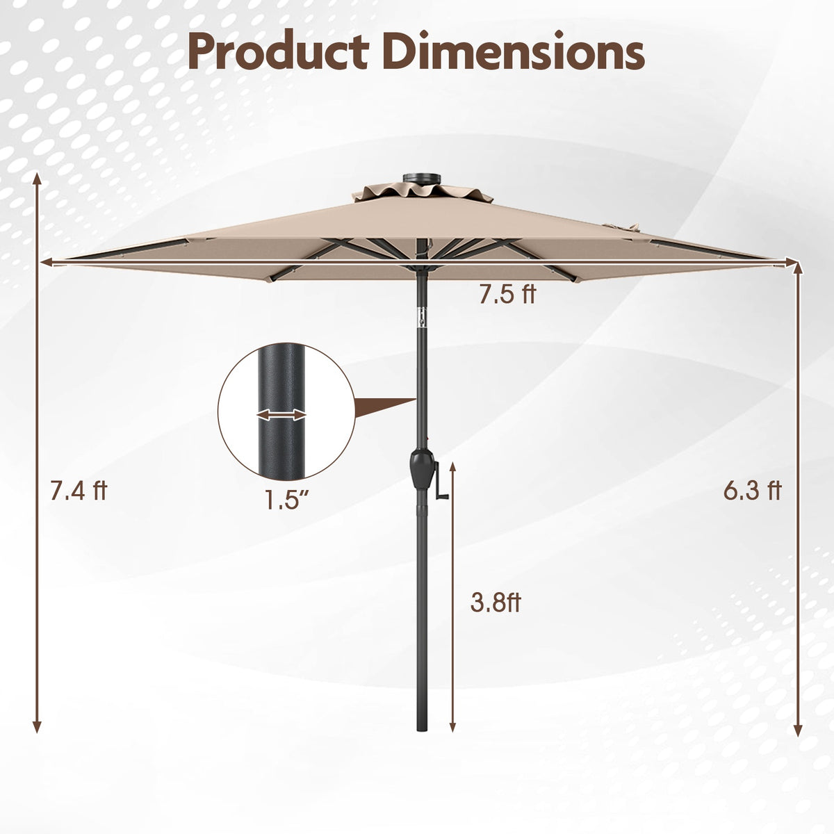 Patio Umbrella 230 cm, Solar LED, Crank Tilt, Light Brown
