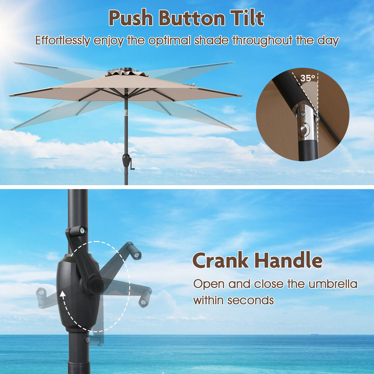 Patio Umbrella 230 cm, Solar LED, Crank Tilt, Light Brown