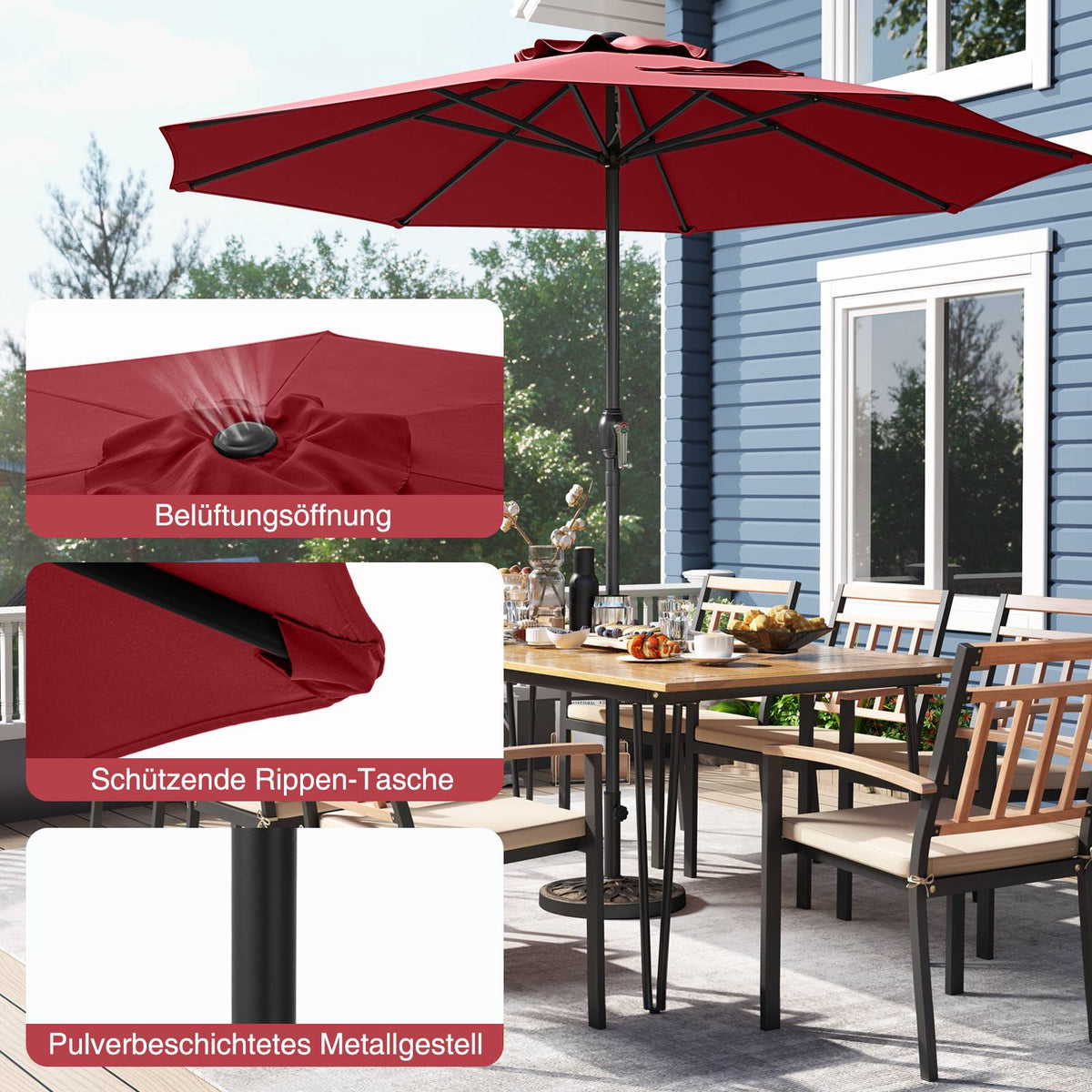 Patio Umbrella 250 cm with Crank, 8 Ribs, Burgundy