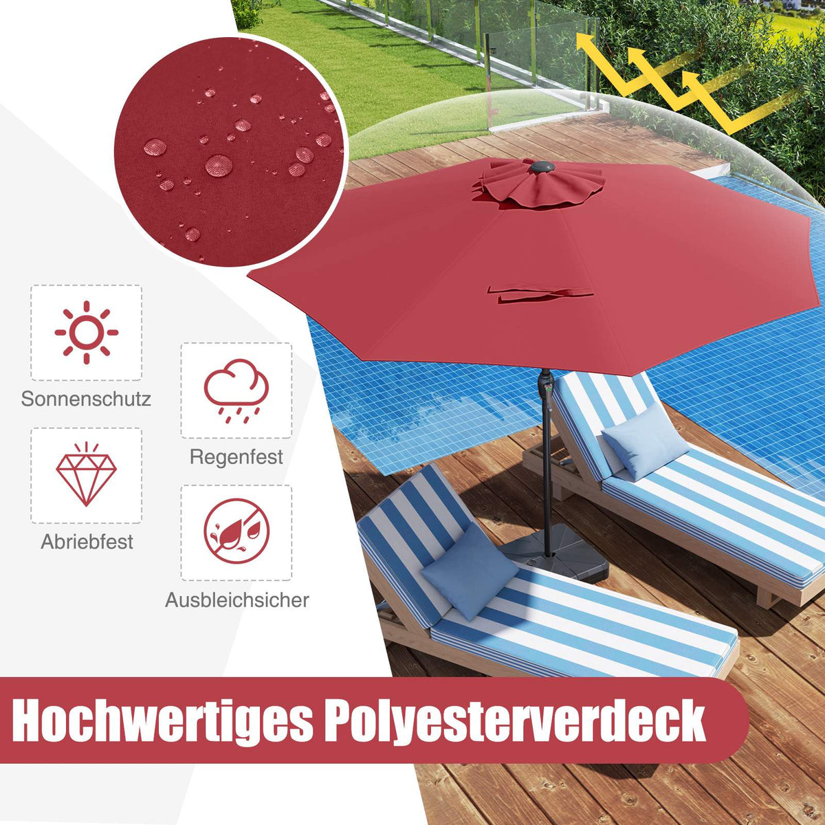 Patio Umbrella 250 cm with Crank, 8 Ribs, Burgundy