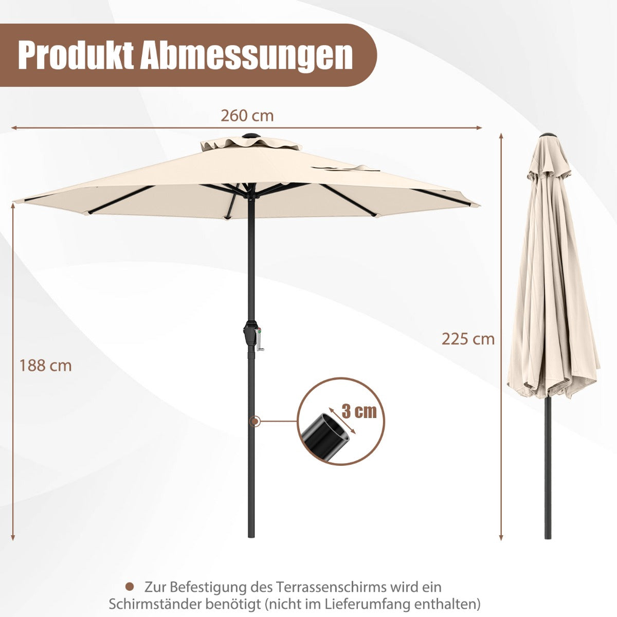 Patio Umbrella 250 cm with Crank and 8 Ribs, Beige