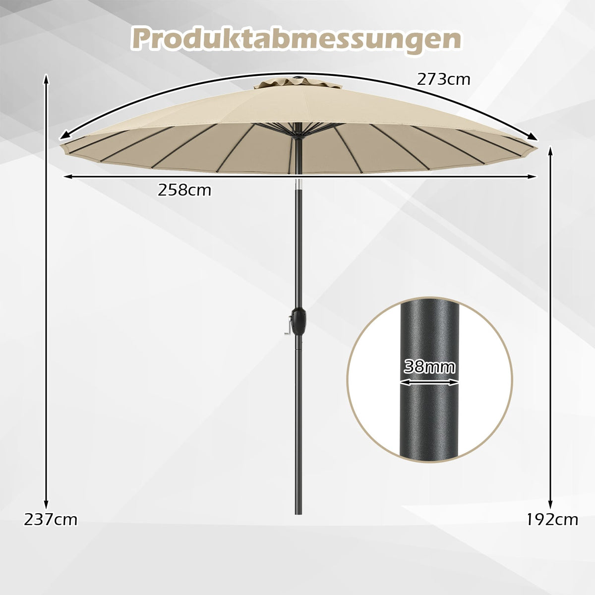 Patio Umbrella 258 cm, Beige, Crank Open/Close, Tilt 35