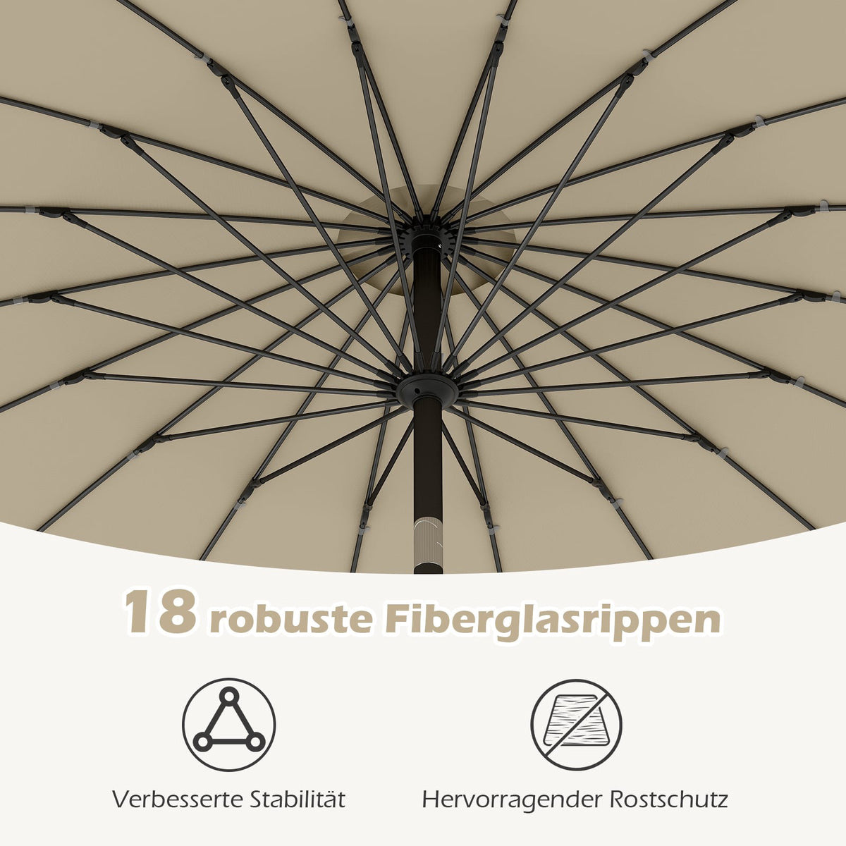 Patio Umbrella 258 cm, Beige, Crank Open/Close, Tilt 35