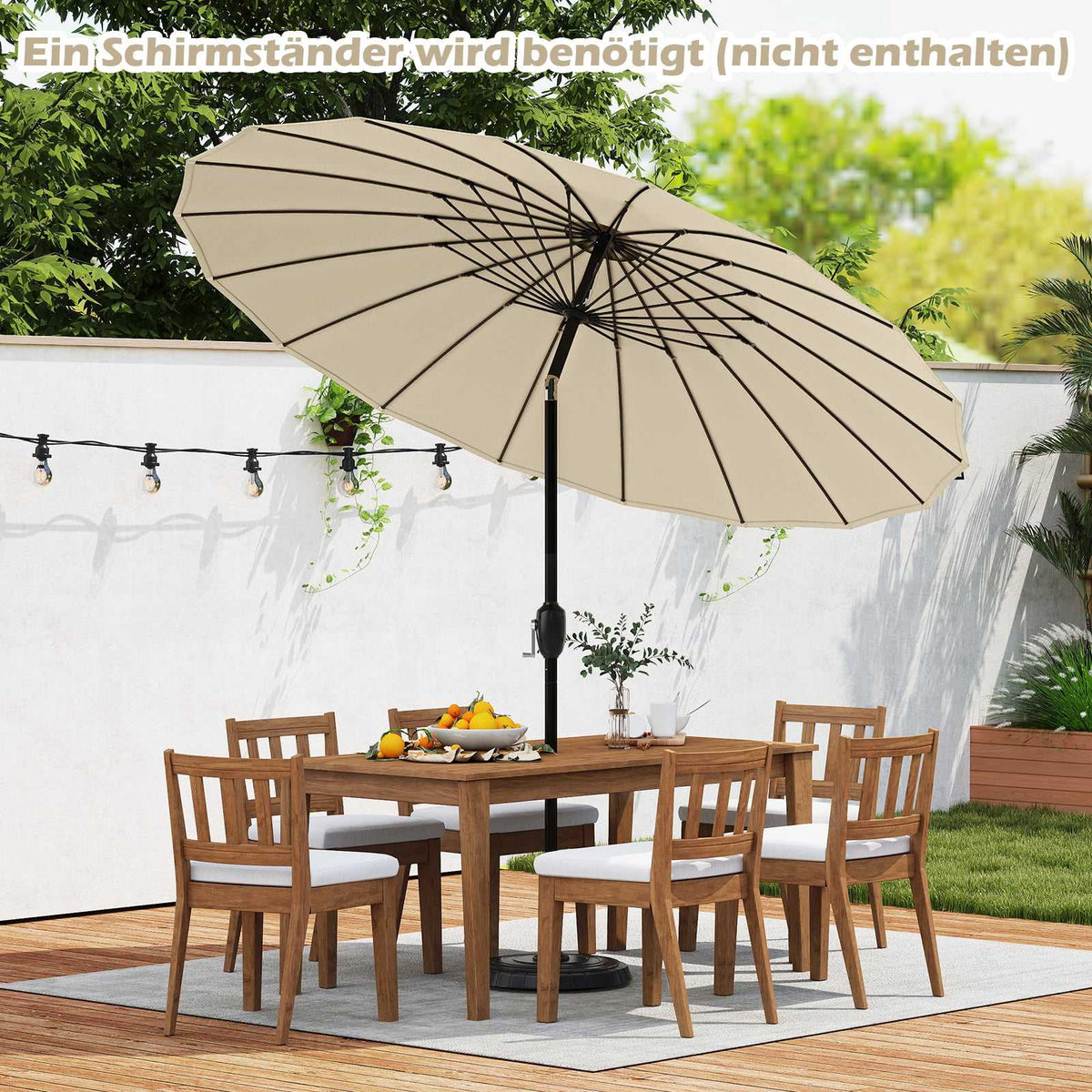 Patio Umbrella 258 cm, Beige, Crank Open/Close, Tilt 35