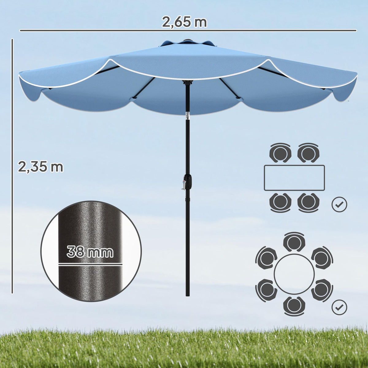 Patio Umbrella, 265 cm, Adjustable Tilt, Blue