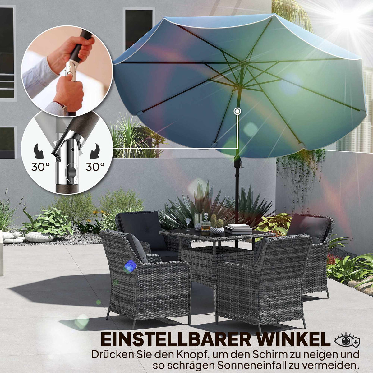 Patio Umbrella, 265 cm, Adjustable Tilt, Blue