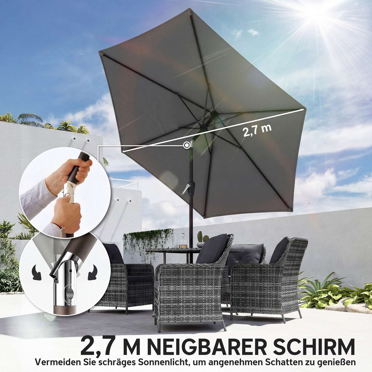 Patio Umbrella, 270cm, UV 50+ Protection, Dark Grey
