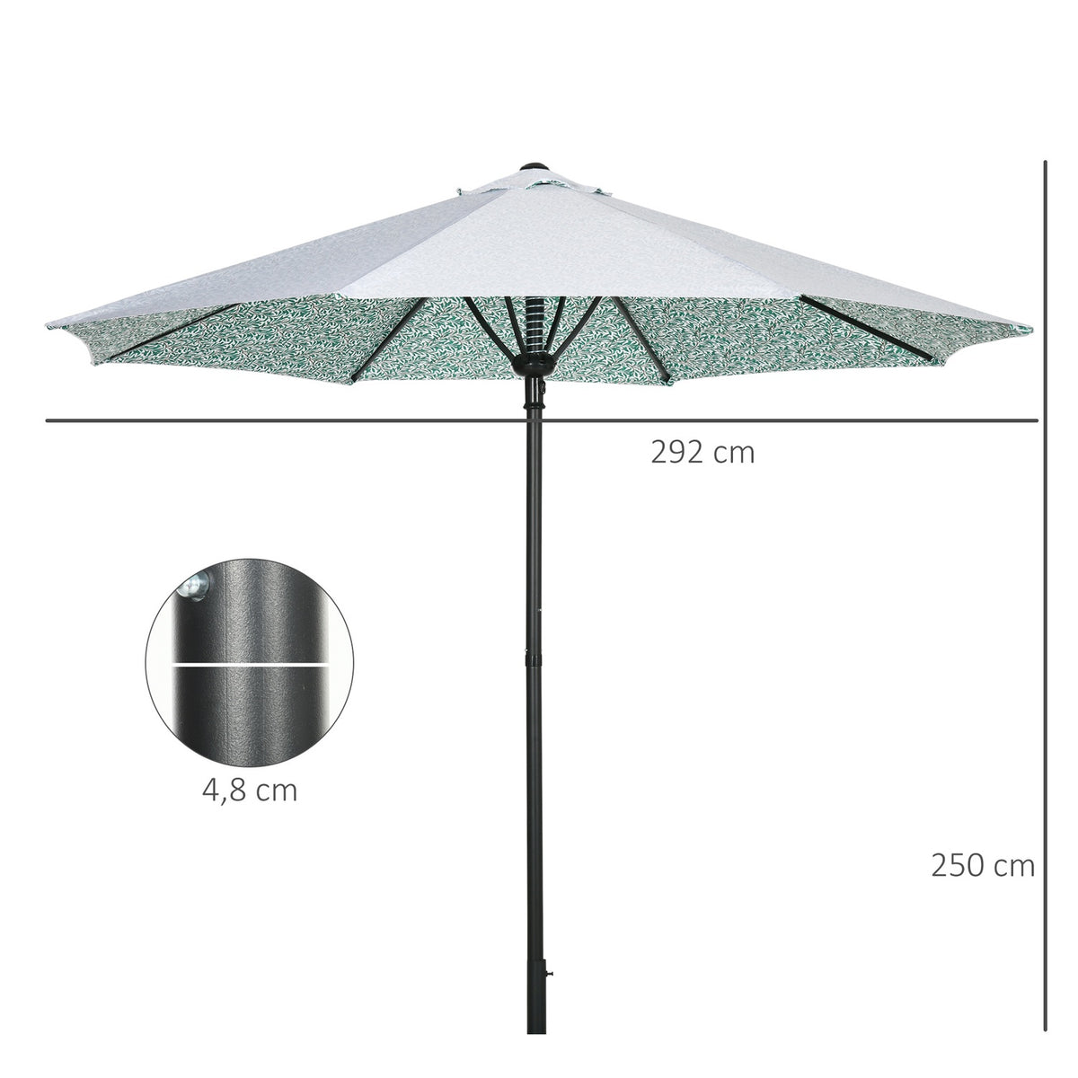 Patio Umbrella Ø292Cm 8 Struts Beach Umbrella, Balcony Umbrella For Garden, Metal Pole, Green