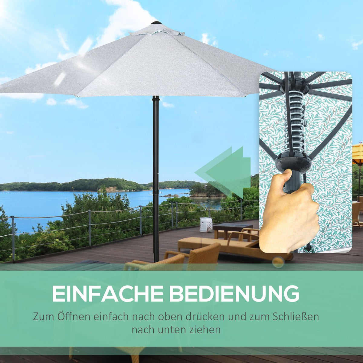 Patio Umbrella Ø292Cm 8 Struts Beach Umbrella, Balcony Umbrella For Garden, Metal Pole, Green