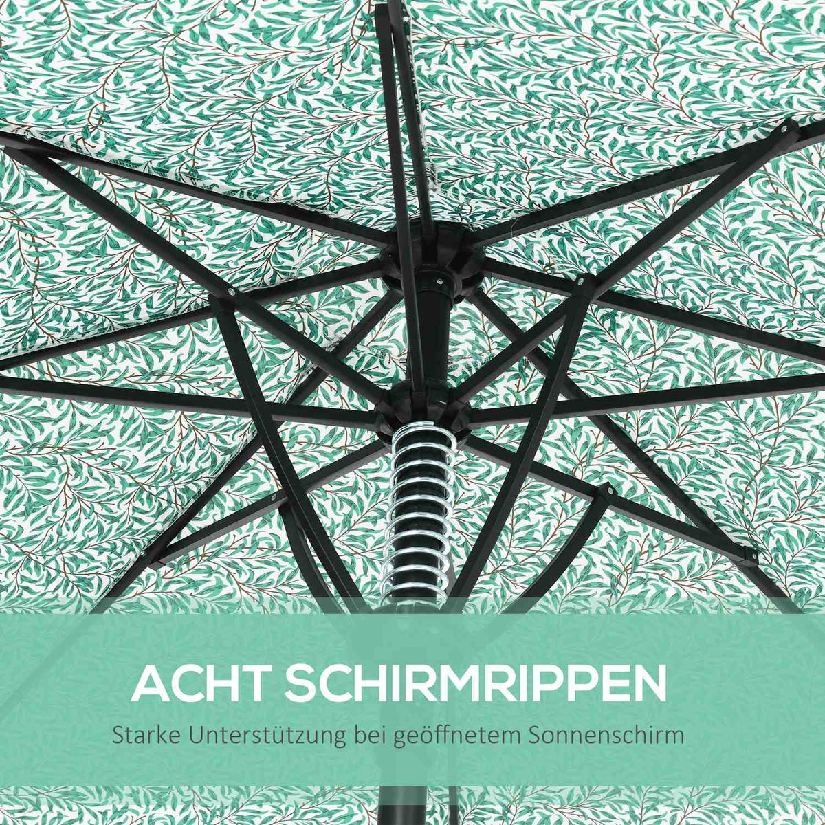 Patio Umbrella Ø292Cm 8 Struts Beach Umbrella, Balcony Umbrella For Garden, Metal Pole, Green
