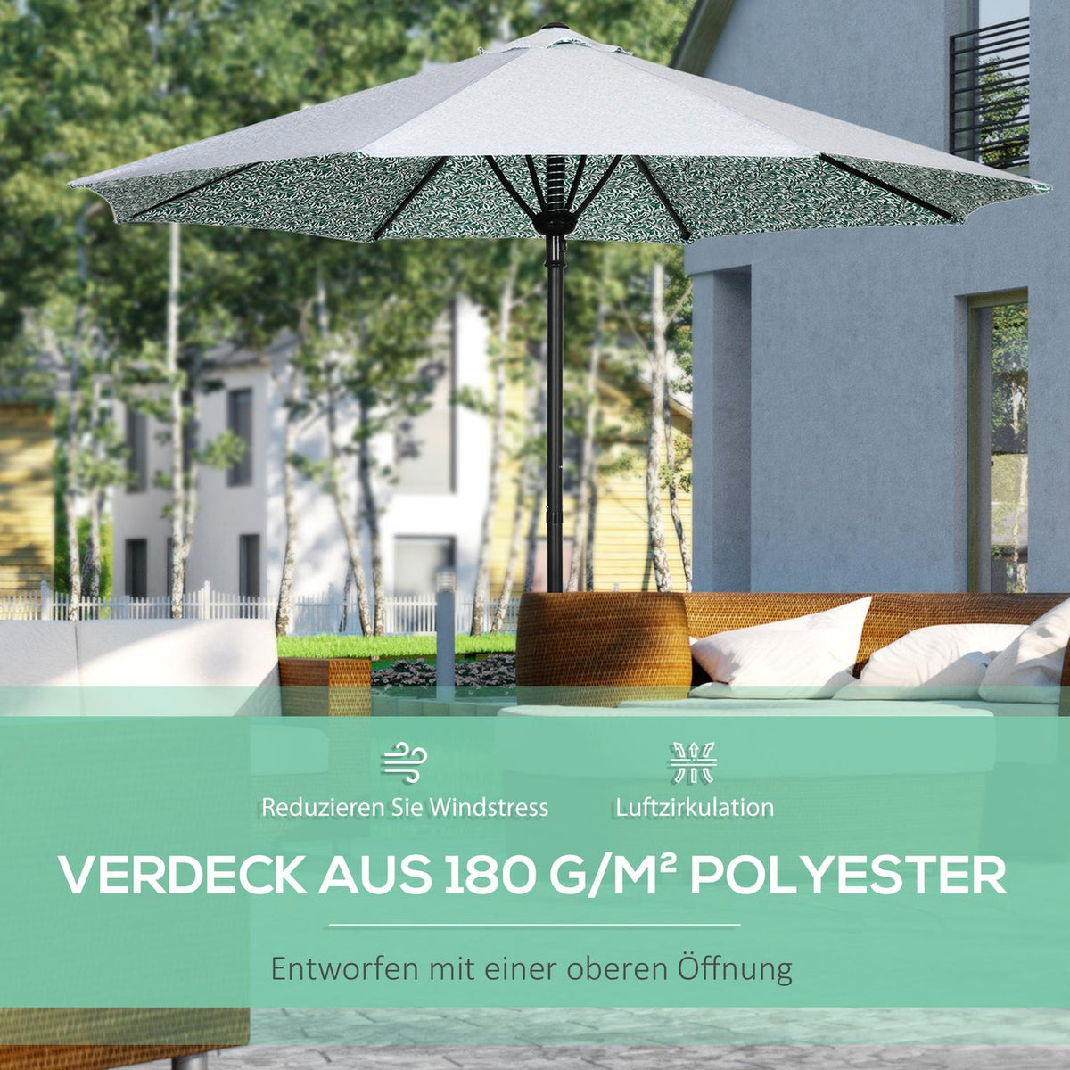 Patio Umbrella Ø292Cm 8 Struts Beach Umbrella, Balcony Umbrella For Garden, Metal Pole, Green