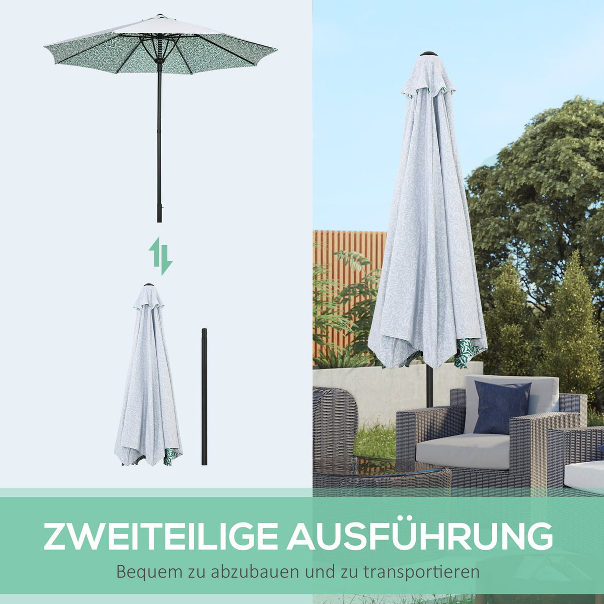 Patio Umbrella Ø292Cm 8 Struts Beach Umbrella, Balcony Umbrella For Garden, Metal Pole, Green