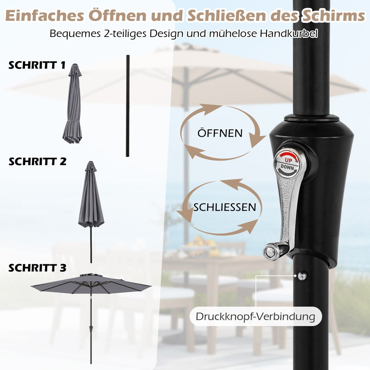 Patio Umbrella, 300 cm, Tilt & Crank, Grey, Water-Resistant