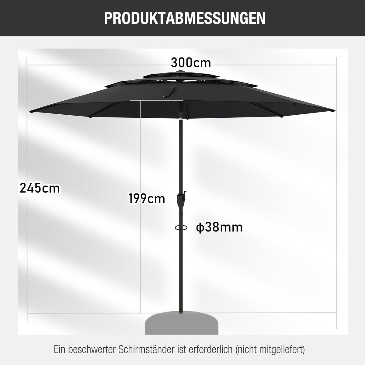 Patio Umbrella, 300 cm, Ventilated, Tilt Function, Black