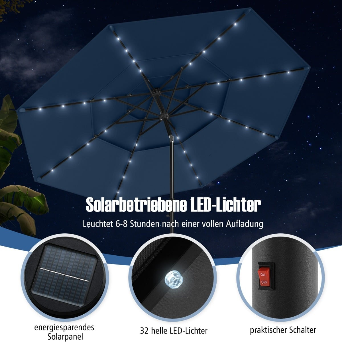Patio Umbrella, 3-Tier, Solar LED, Tilting, Navy Blue
