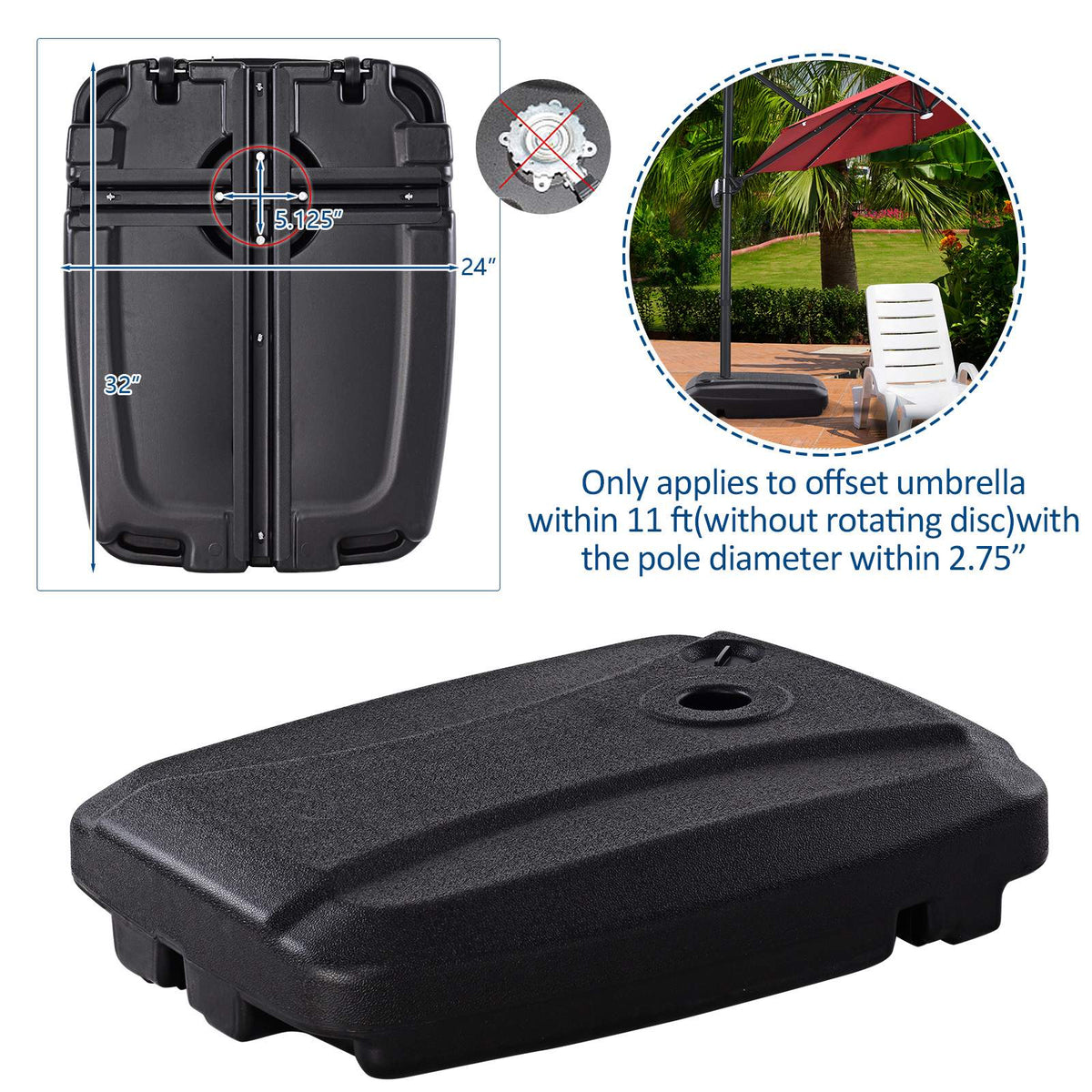 Patio Umbrella Base, 60L Water-Sand Fill, Wheeled