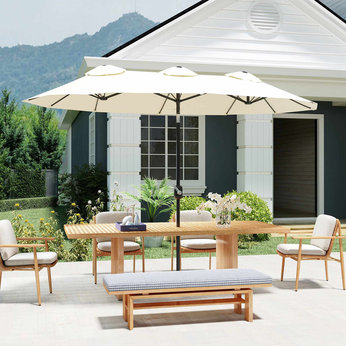 Patio Umbrella, Tiltable, Hand Crank, 295 x 152 cm, Cream