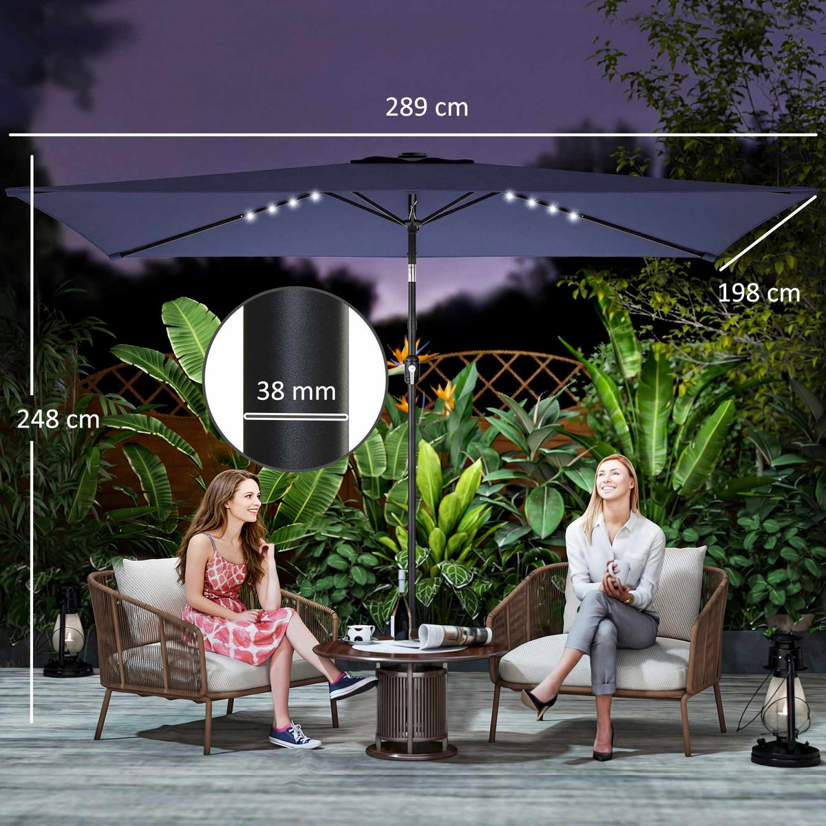 Patio Umbrella with Solar LED Lights, Tilt & Crank, Navy