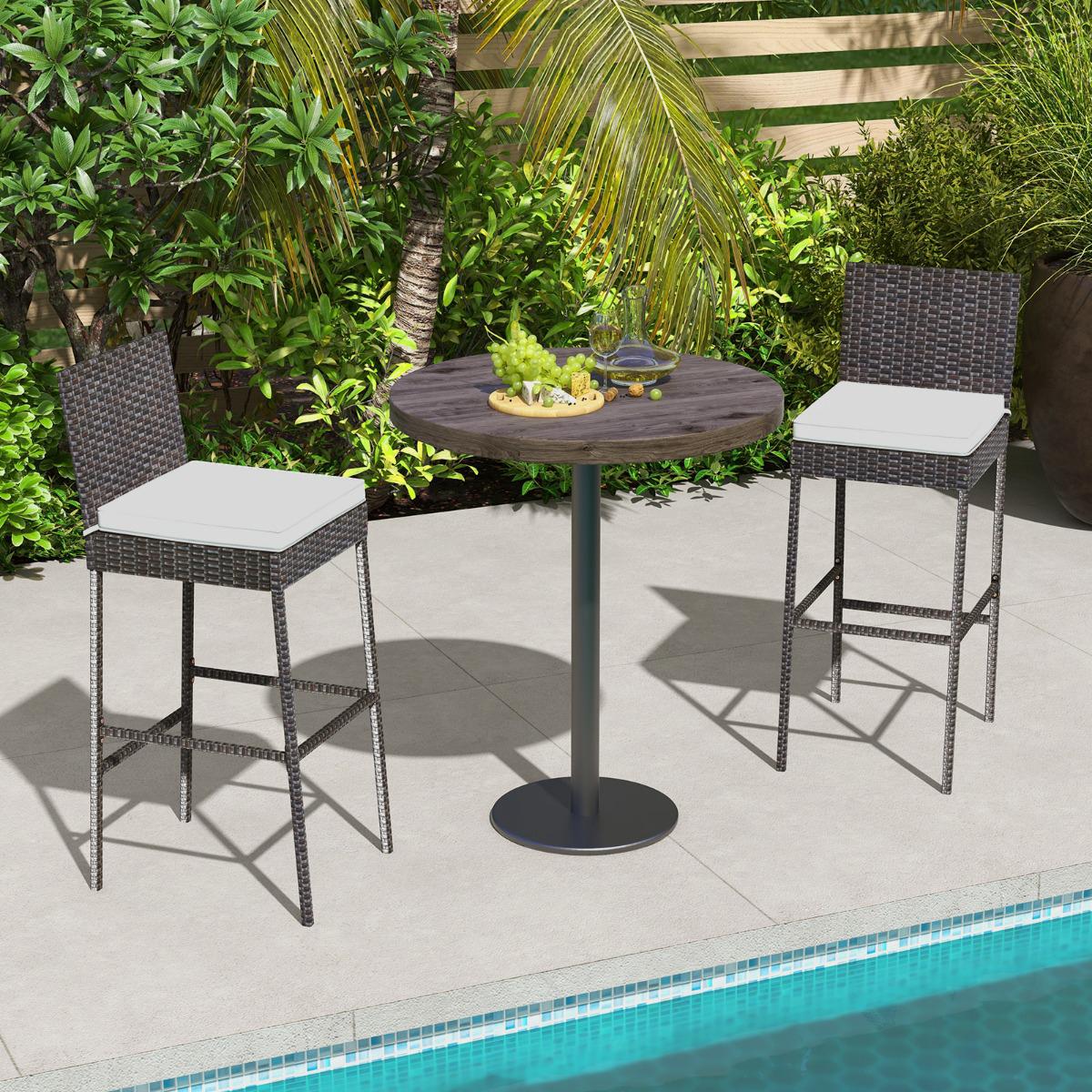 Patio Wicker Bar Stools, Cushioned, Set of 2, 30 Inch