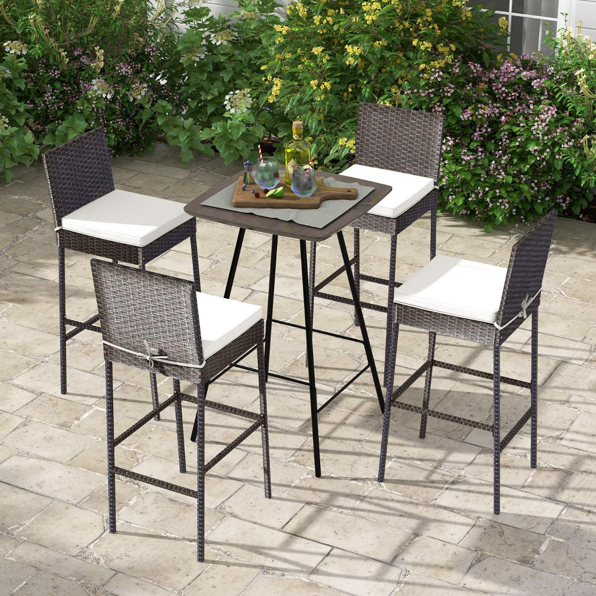 Patio Wicker Bar Stools, Cushioned, Set of 2, 30 Inch