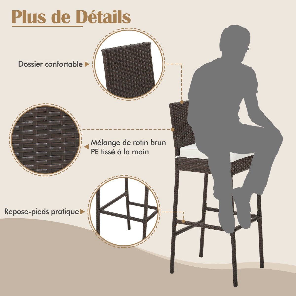 Patio Wicker Bar Stools, Cushioned, Set of 2, 30 Inch