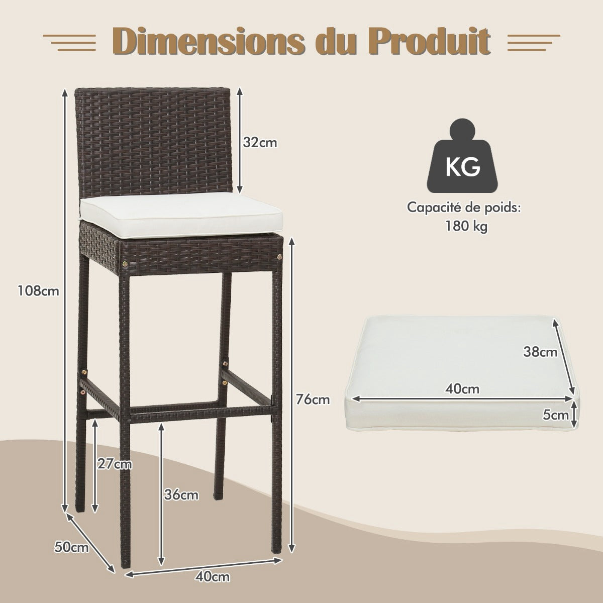 Patio Wicker Bar Stools Set Of 4, Cushions, 30-Inch