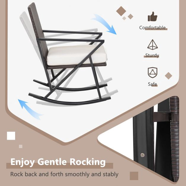 Patio Wicker Rocking Chair Set, 3-Piece With Table, Cushions