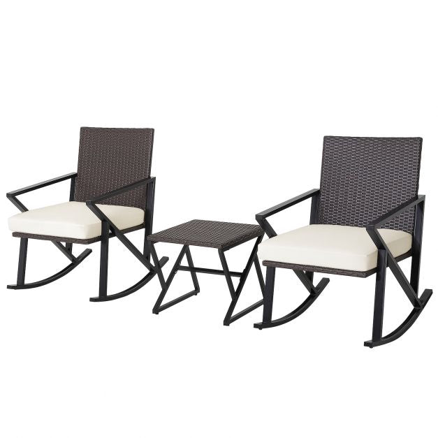 Patio Wicker Rocking Chair Set, 3-Piece With Table, Cushions