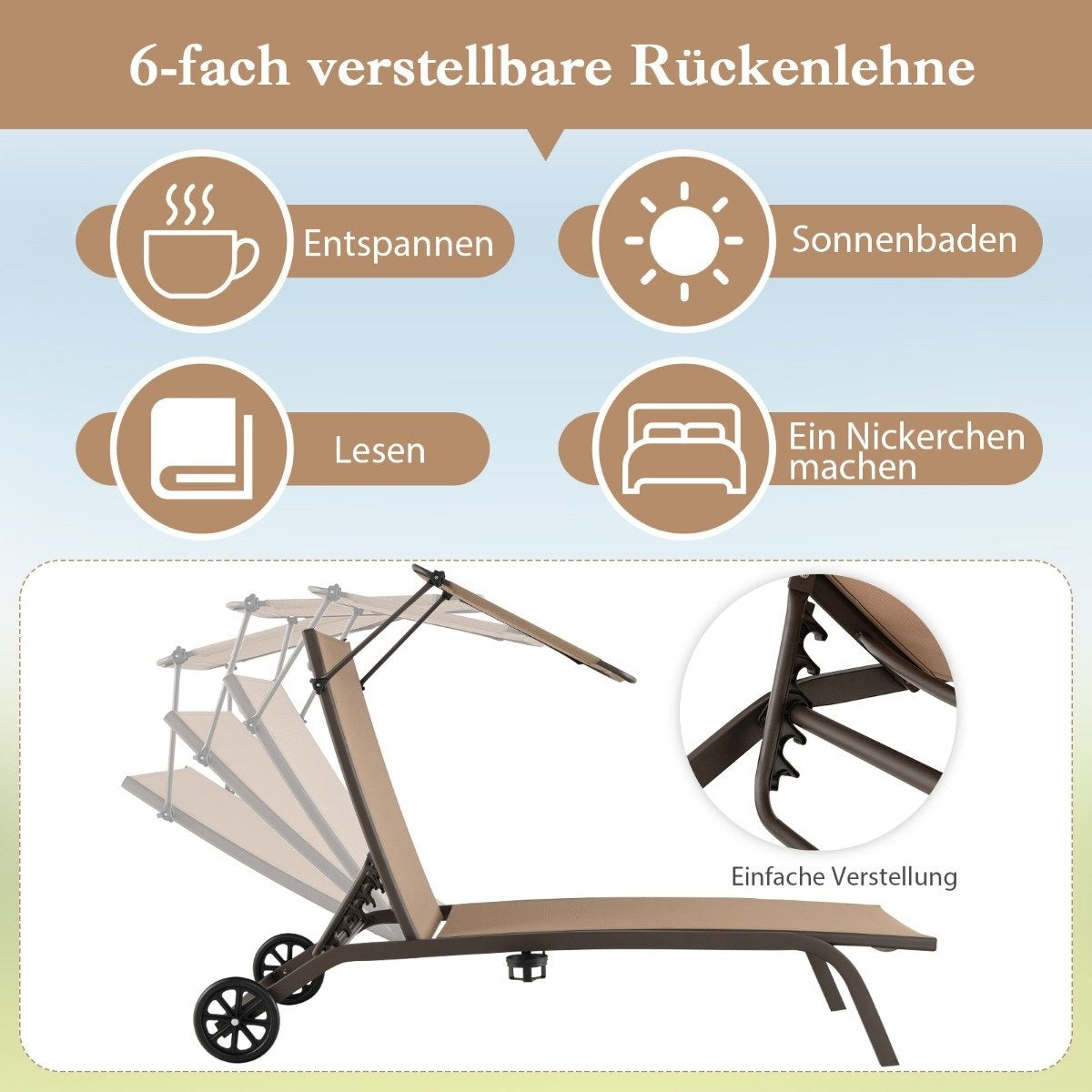 Patio lounger outdoor deck chair with wheels beach lounger made of metal brown