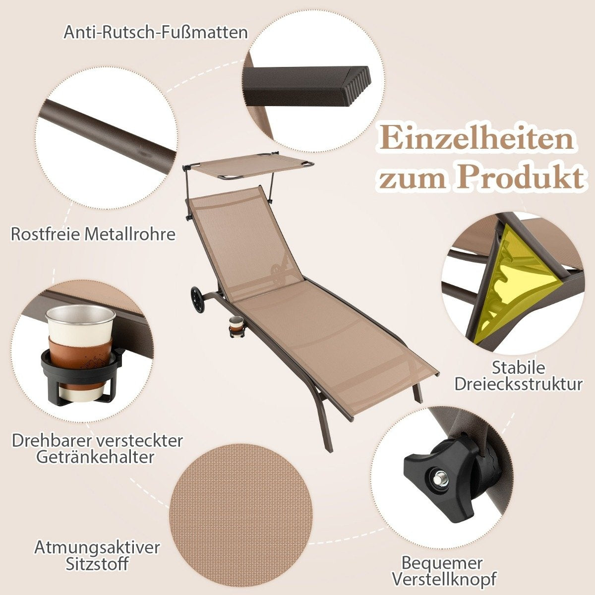 Patio lounger outdoor deck chair with wheels beach lounger made of metal brown