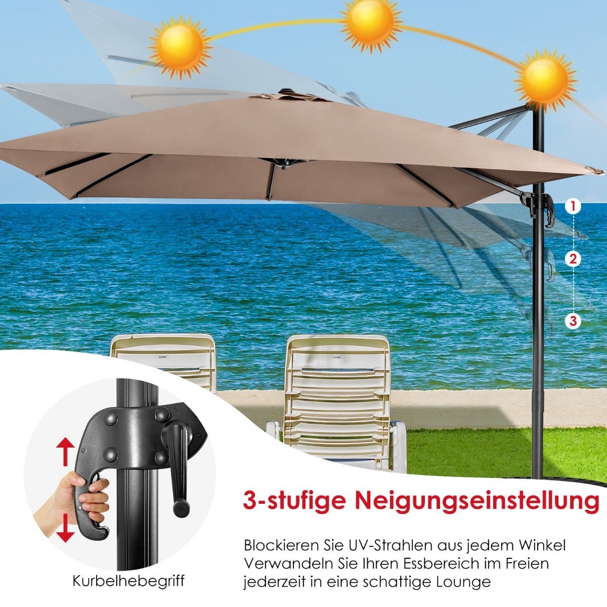 Patio umbrella with 3 tilt settings for gardens, terraces, 300 x 300 x 273 cm, coffee brown