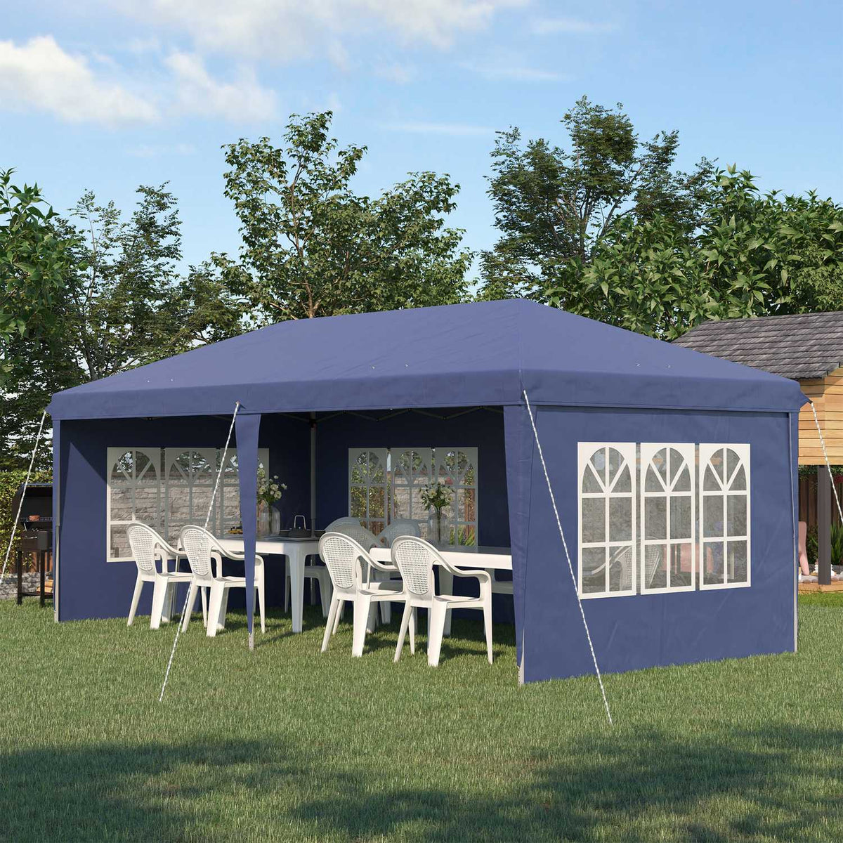 Pavilion 2.95 x 5.85 m party tent, folding pavilion with UV protection, pop up pavilion with windows & side walls, garden tent made of Oxford & steel, blue