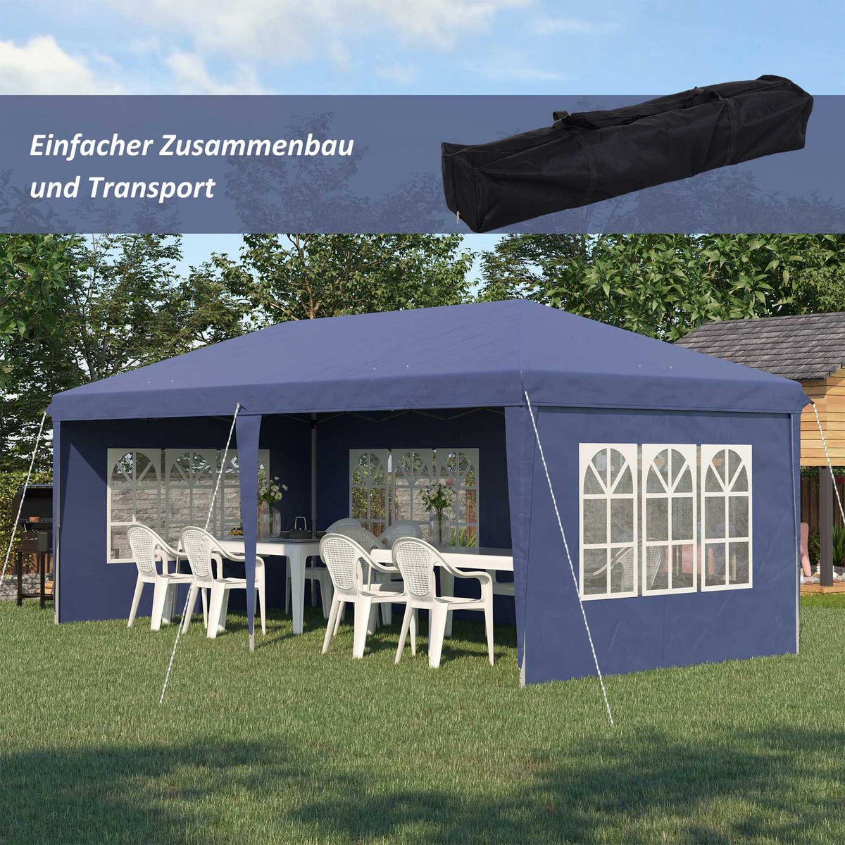 Pavilion 2.95 x 5.85 m party tent, folding pavilion with UV protection, pop up pavilion with windows & side walls, garden tent made of Oxford & steel, blue
