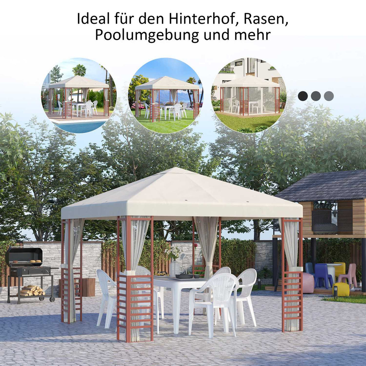 Pavilion 2.96X2.96M Party Tent For Up To 15 People With Fly Nets, Steel & Polyester, Beige