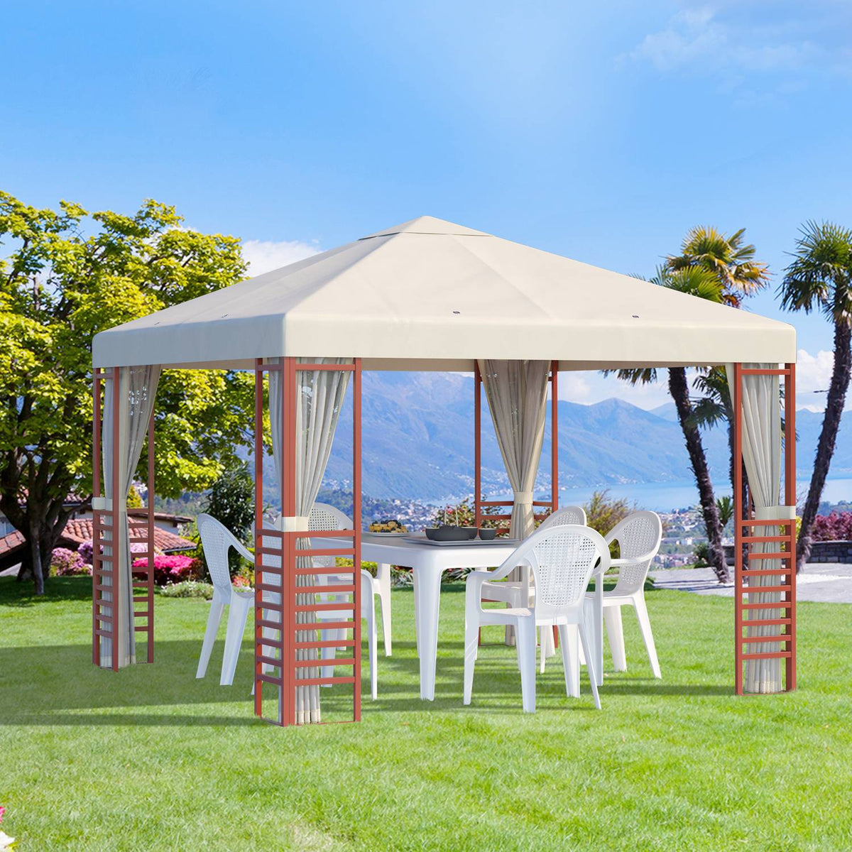 Pavilion 2.96X2.96M Party Tent For Up To 15 People With Fly Nets, Steel & Polyester, Beige