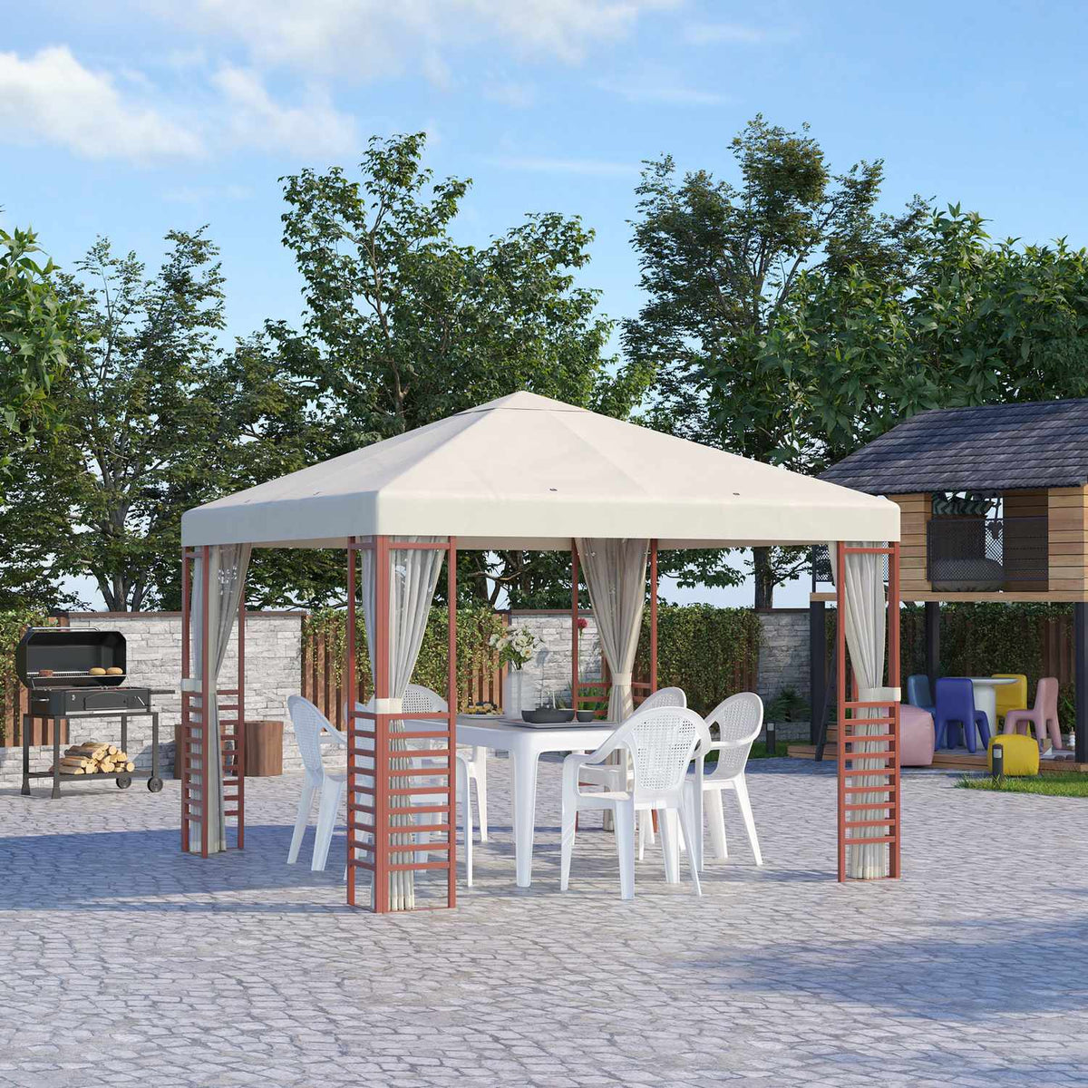 Pavilion 2.96X2.96M Party Tent For Up To 15 People With Fly Nets, Steel & Polyester, Beige