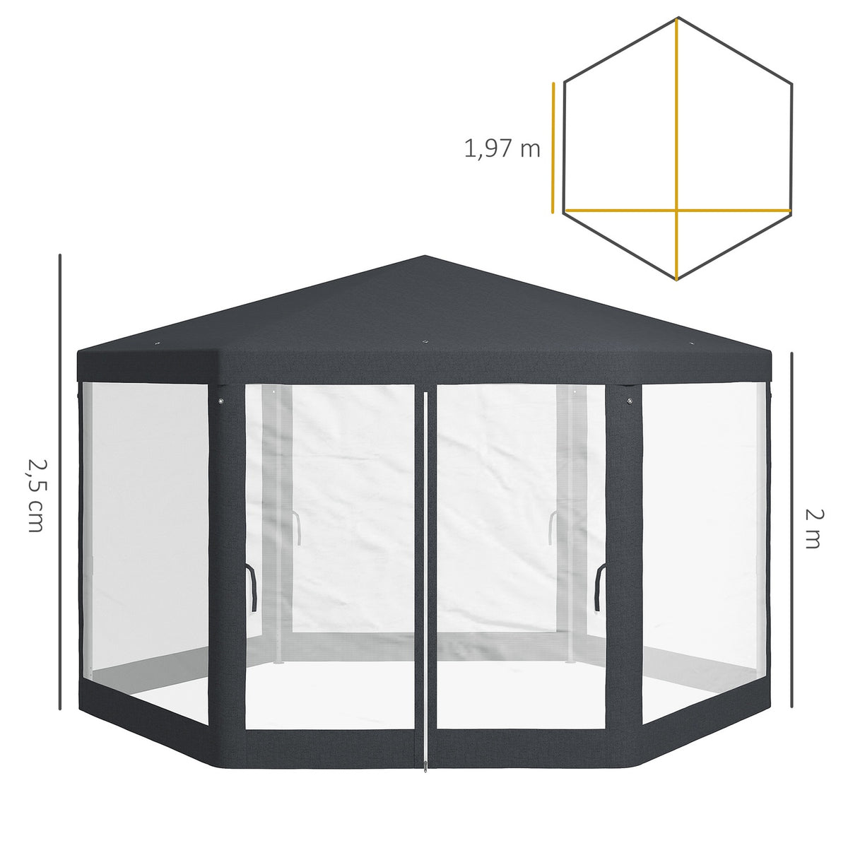 Pavilion 4x4 m garden pavilion with mosquito net, hexagonal, party tent made of polyester & metal, dark gray for garden parties