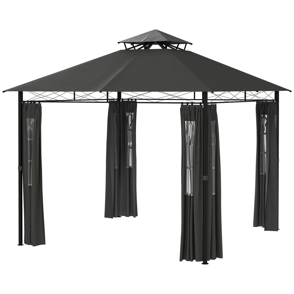 Pavilion Approx. 3 X 3 M, Garden Tent With Side Wall, Party Tent With Double Roof, Weatherproof Marquee, Garden Pavilion, Metal, Dark Gray