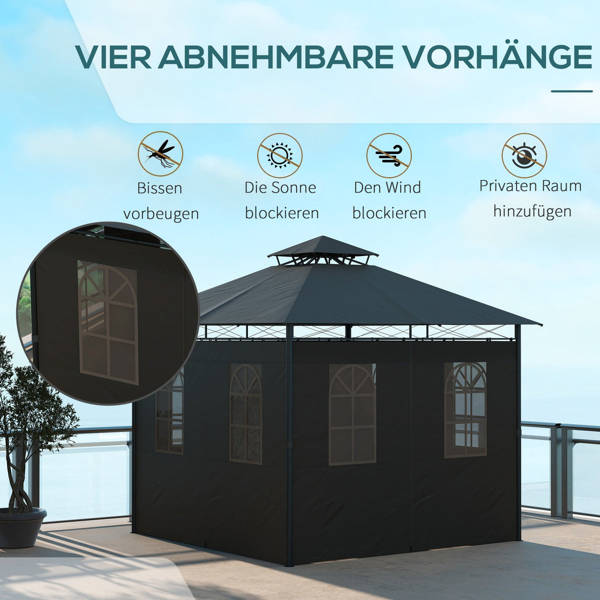 Pavilion Approx. 3 X 3 M, Garden Tent With Side Wall, Party Tent With Double Roof, Weatherproof Marquee, Garden Pavilion, Metal, Dark Gray
