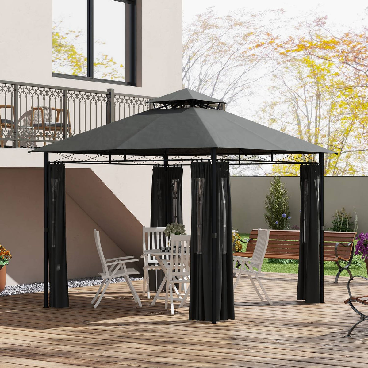 Pavilion Approx. 3 X 3 M, Garden Tent With Side Wall, Party Tent With Double Roof, Weatherproof Marquee, Garden Pavilion, Metal, Dark Gray