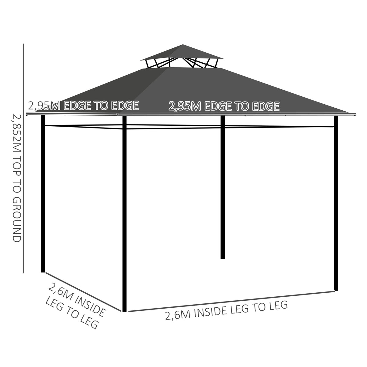 Pavilion Approx. 3 X 3 M, Garden Tent With Side Wall, Party Tent With Double Roof, Weatherproof Marquee, Garden Pavilion, Metal, Dark Gray