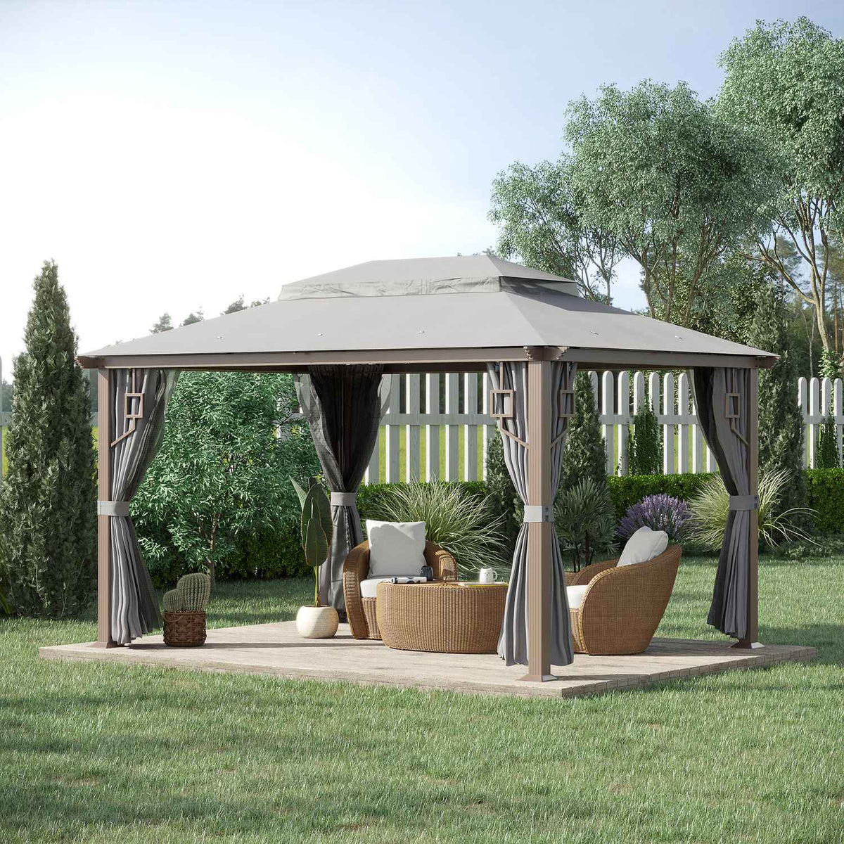 Pavilion Garden Pavilion 4 X 3 M Garden Tent Marquee Party Tent With 4X Side Panels 4 X Mosquito Net Breathable Double Roof Metal Polyester