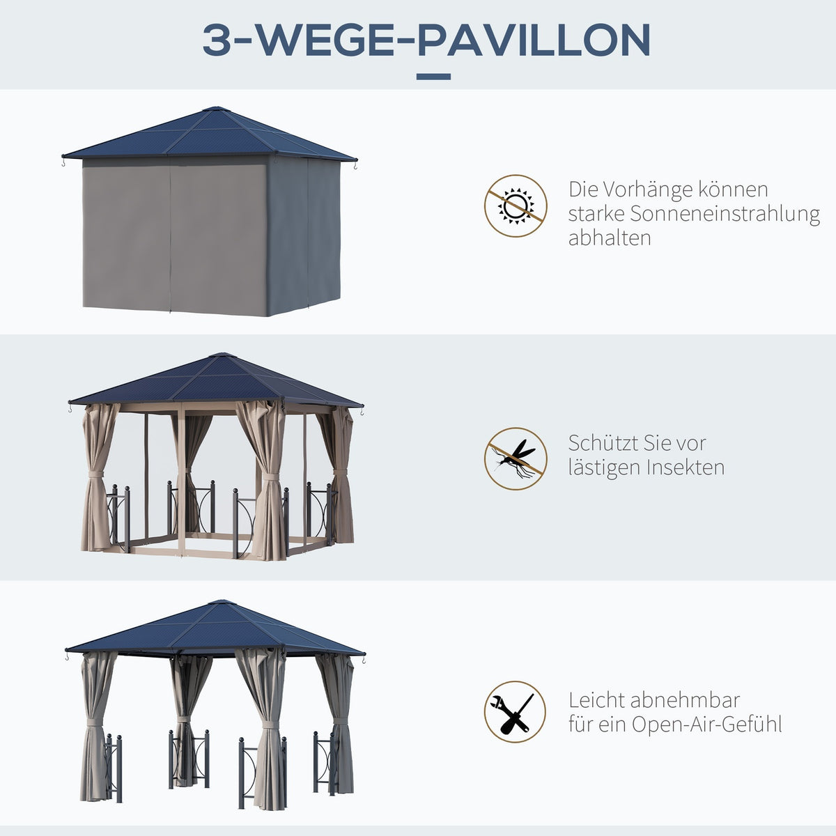 Pavilion, Garden Pavilion, Party Tent With Side Panels, Pc Roof, Aluminum, Black, 300 X 300 X 263 Cm