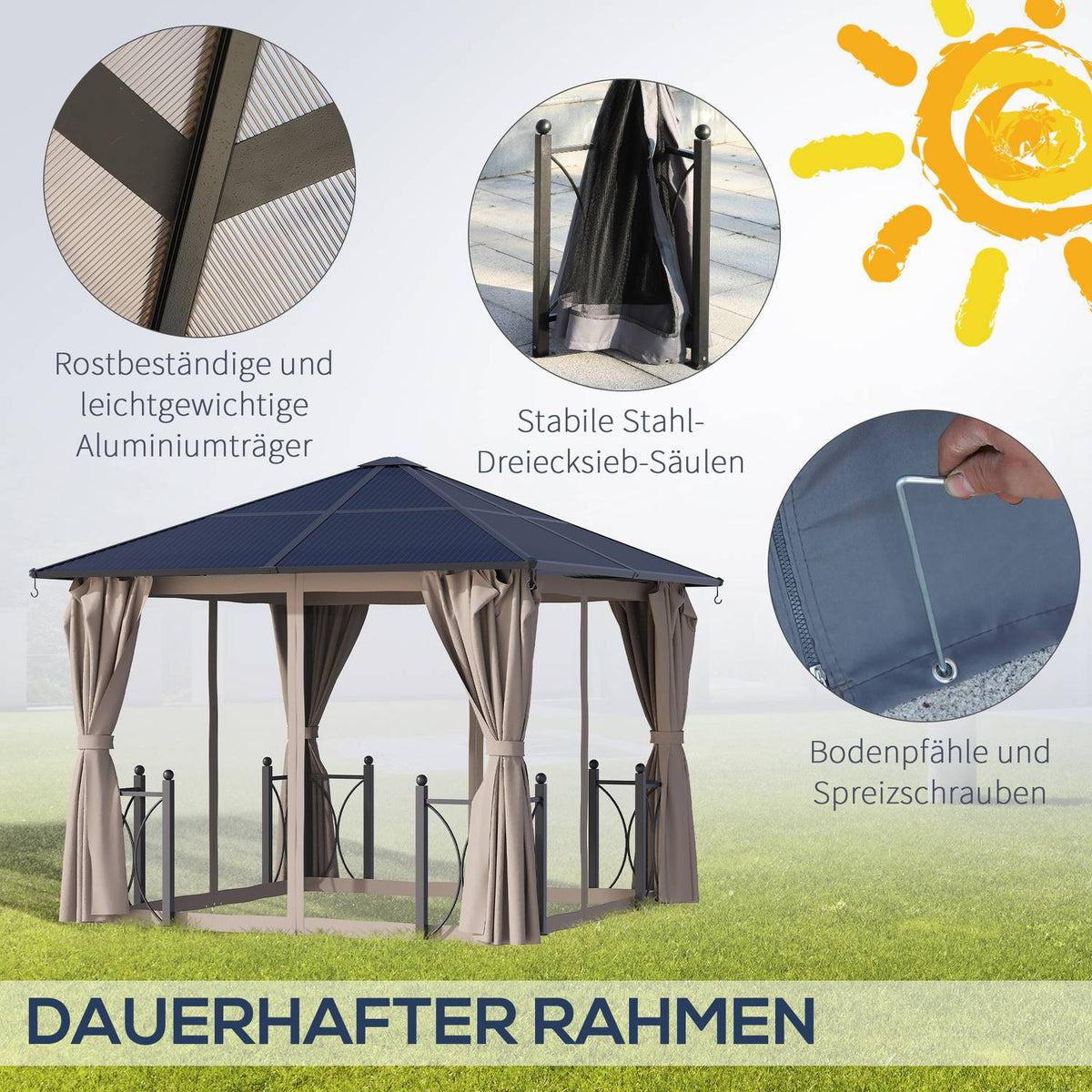 Pavilion, Garden Pavilion, Party Tent With Side Panels, Pc Roof, Aluminum, Black, 300 X 300 X 263 Cm