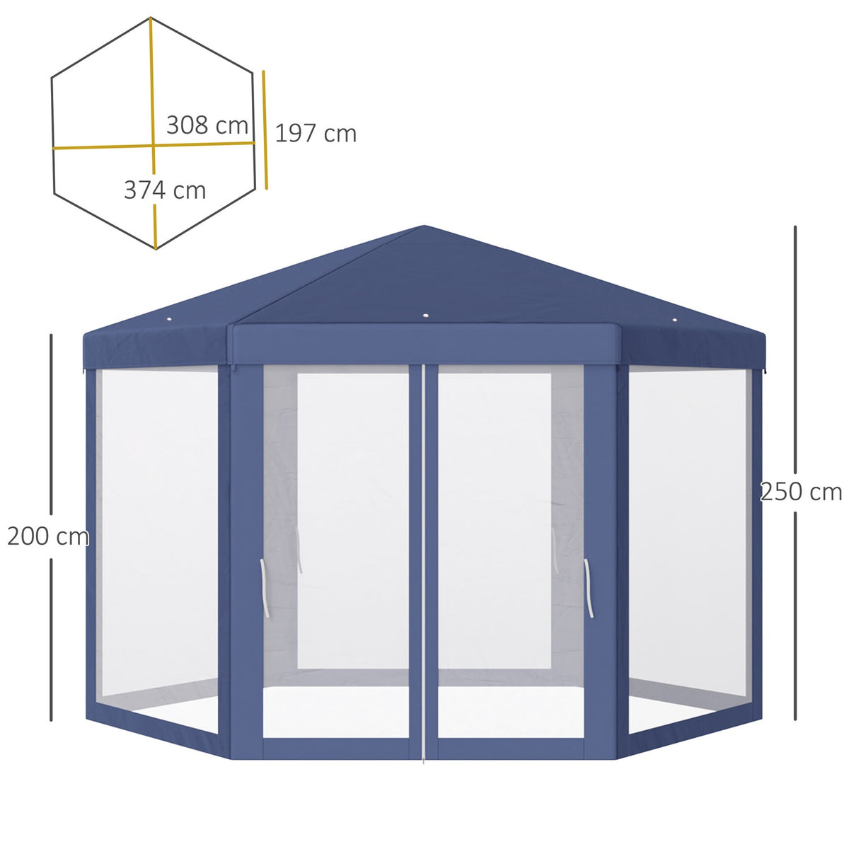 Pavilion Garden Pavilion With Mosquito Net, Hexagonal, Polyester+Metal, Blue, 195X250X250Cm