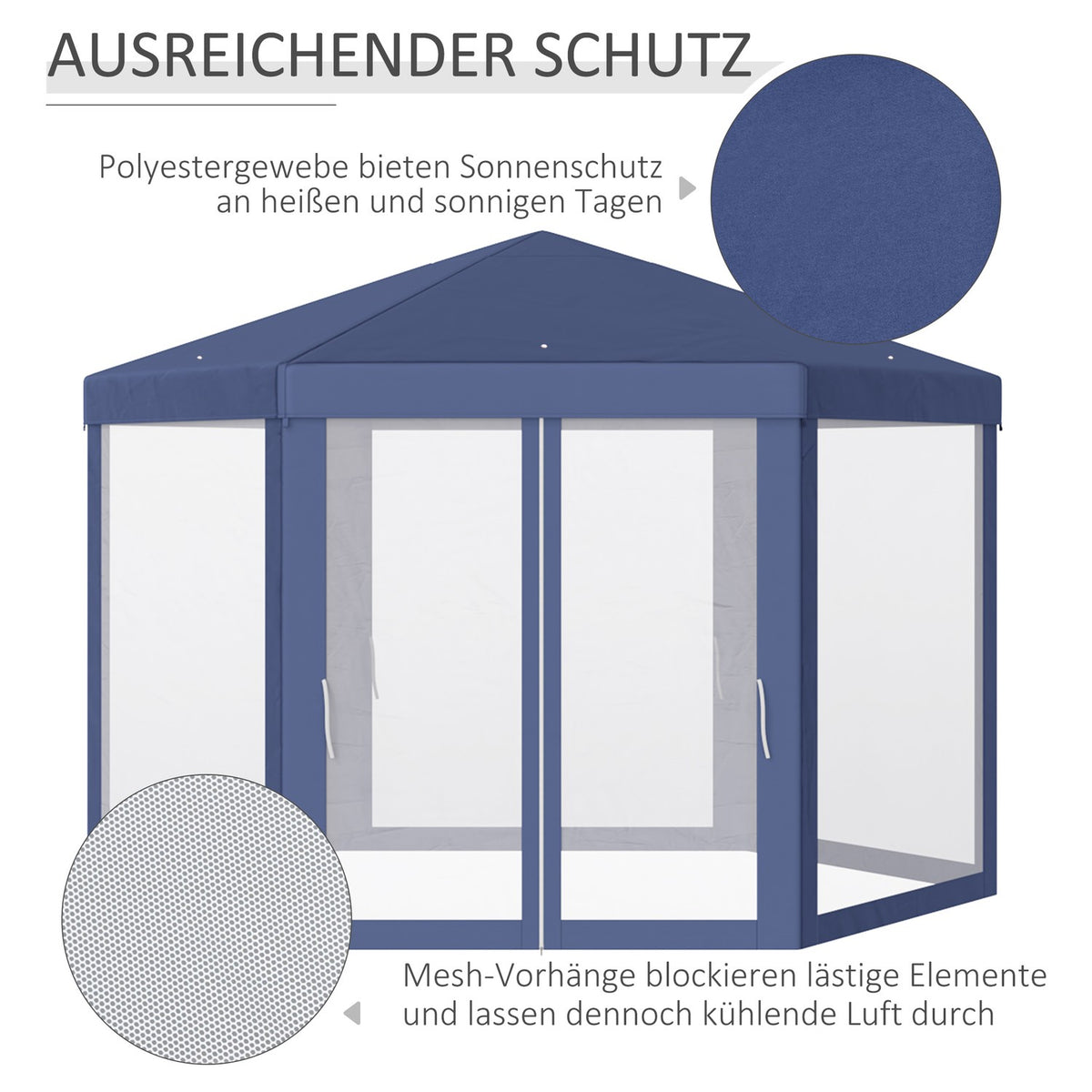 Pavilion Garden Pavilion With Mosquito Net, Hexagonal, Polyester+Metal, Blue, 195X250X250Cm