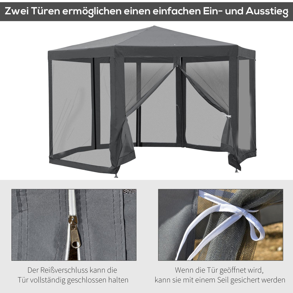Pavilion Garden Pavilion With Mosquito Net Party Tent Garden Tent Marquee Tent Hexagonal Polyester + Metal Gray 394X341.2X250Cm