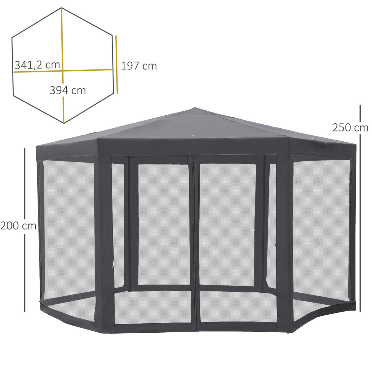 Pavilion Garden Pavilion With Mosquito Net Party Tent Garden Tent Marquee Tent Hexagonal Polyester + Metal Gray 394X341.2X250Cm